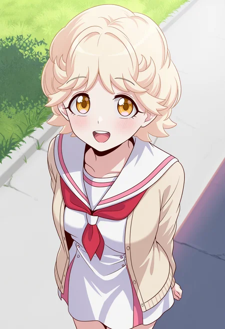 masterpiece,best quality,(amazing quality),very aesthetic,absurdres,newest,huge filesize,
<lora:Michiru Inukai_illustrious-000040:1>,Michiru_\(Talentless Nana\),yellow eyes,blonde hair,short hair,white dress,open cardigan,sailor collar,
blush,solo,upper teeth only,smile,cowboy_shot,from_above,outdoors