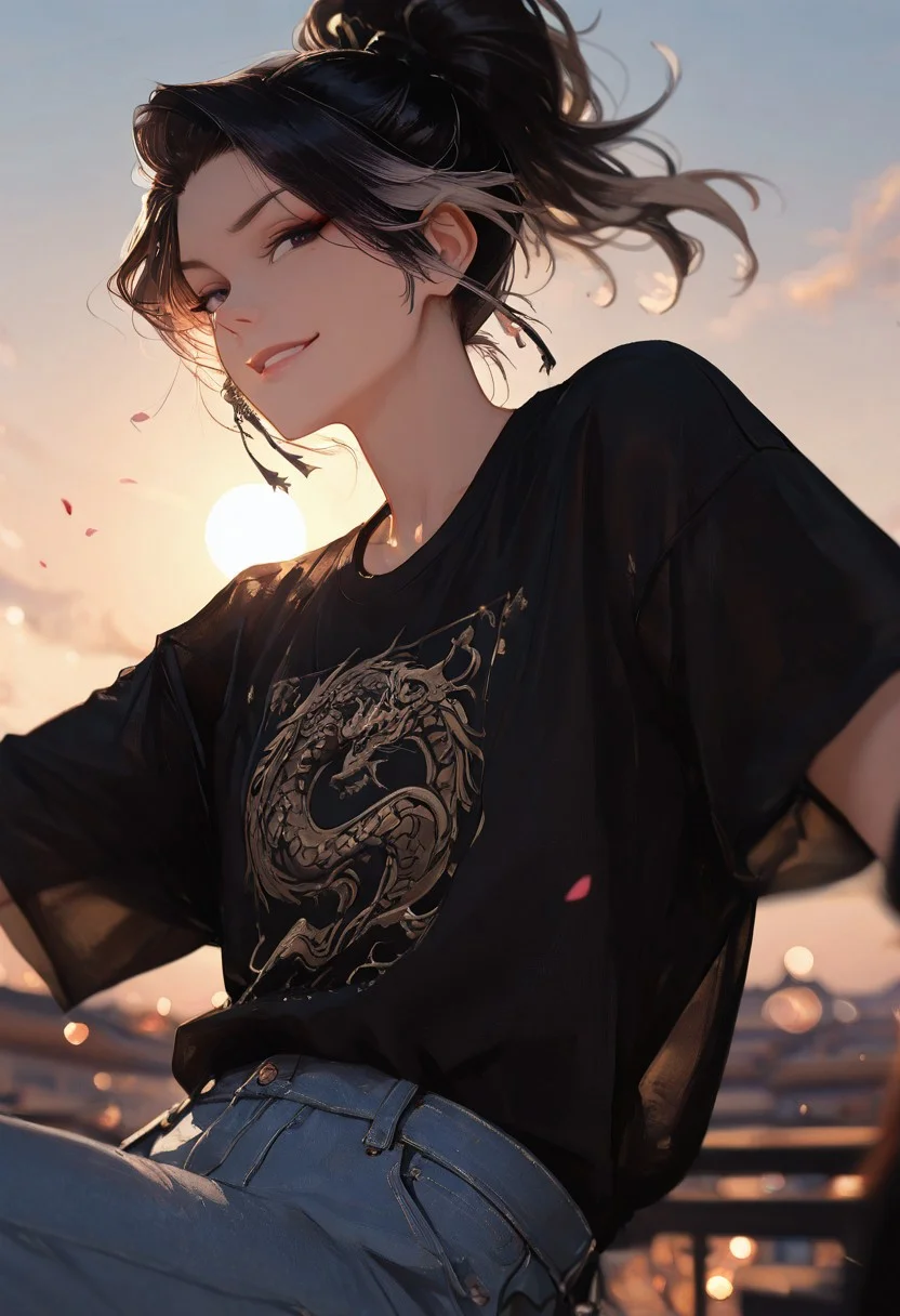 masterpiece, best quality, good quality, very aesthetic, absurdres,
newest, 8K, depth of field, focused subject,visual storytelling,dynamic composition,
close up, stylized, scenery, bokeh,blurred background,
Black Myth Wukong, male sun wukong,
chinese mythology,( dynamic pose:1.3), smirking face,
upper body focus,
casual clothes, wearing luxurious jeans and luxurious black t-shirt with gothic design, expensive black watch
windblown hair,
dramatic sky, celestial clouds, floating mountains, mythic scale, sakura petals, mystic mist,
cinematic composition, backlighting, volumetric light, vegas city scene, symbolic environment, god-tier illustration,(sketch:1.3),