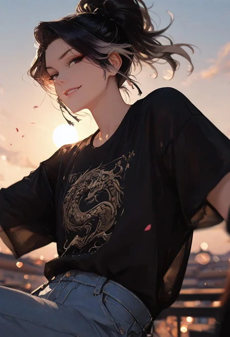 masterpiece, best quality, good quality, very aesthetic, absurdres,
newest, 8K, depth of field, focused subject,visual storytelling,dynamic composition,
close up, stylized, scenery, bokeh,blurred background,
Black Myth Wukong, male sun wukong,
chinese mythology,( dynamic pose:1.3), smirking face,
upper body focus,
casual clothes, wearing luxurious jeans and luxurious black t-shirt with gothic design, expensive black watch
windblown hair,
dramatic sky, celestial clouds, floating mountains, mythic scale, sakura petals, mystic mist,
cinematic composition, backlighting, volumetric light, vegas city scene, symbolic environment, god-tier illustration,(sketch:1.3),