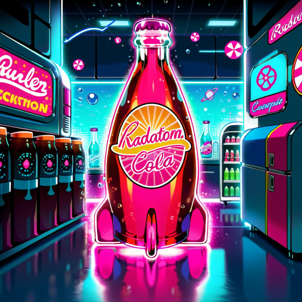 For a cartoon-style depiction of 'Radiation Flavored Nuclear Cola', imagine a whimsical, vibrant soda bottle, playfully exaggerated with a bright, cartoonish neon glow. The label is lively and colorful, showcasing a quirky, atomic-themed logo, and the words 'Radiation Flavored Nuclear Cola' in fun, bold lettering. The bottle, with its exaggerated curves, looks refreshingly cool, with stylized droplets of condensation and a playful light effect that highlights its cartoon nature. The backdrop is a fantastical, cartoon version of a futuristic lab or fridge, emphasizing the beverage's unique, sci-fi inspired theme, blending playful humor with a touch of whimsical futurism, <lora:nukacolas:0.75>