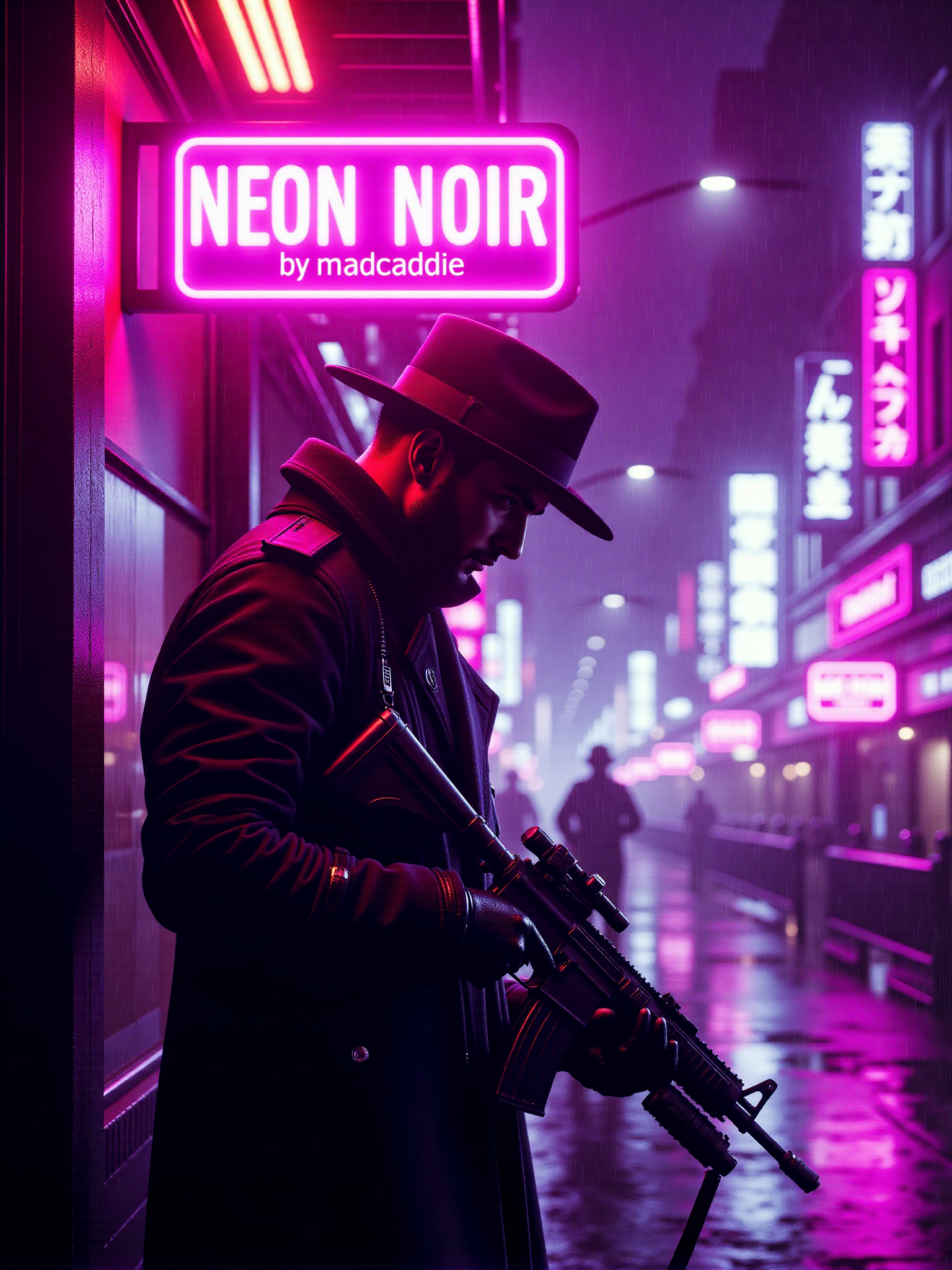 magenta neon signs "NEON NOIR by madcaddie", man holding a rifle wearing a futuristic trenchcoat, rain, cyberpunk street scene,  mad-neon-noir  <lora:Neon_Noir_FLUX:0.7>