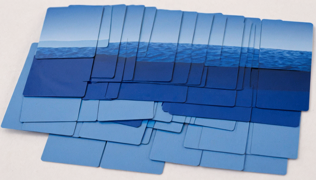 plastkort, an ocean landscape (made from:1.3) single light blue and dark blue colored (rectangular plastic cards), <lora:Plastkort-000005:1>