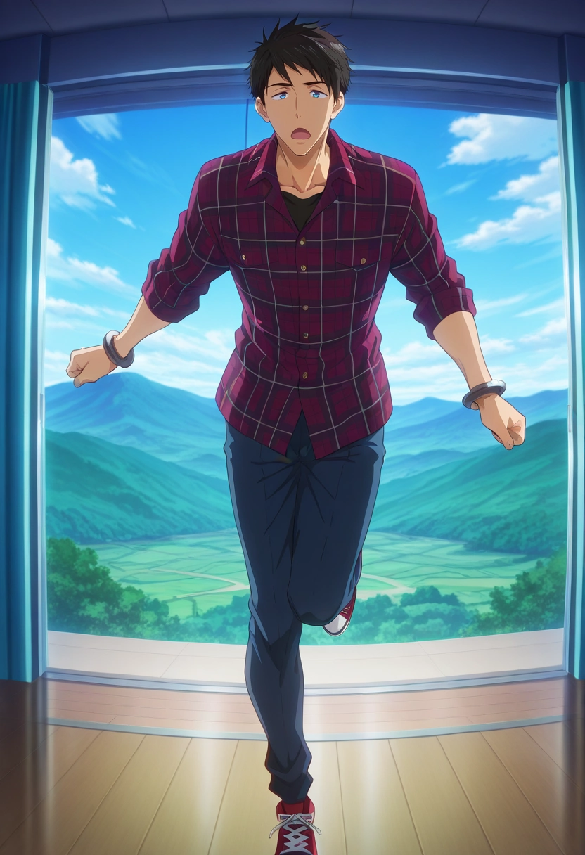 masterpiece, best quality, , anime screencap, , , , 1boy, solo, male focus, <lora:sousuke_yamazaki_ilxl:0.96>, sousuke_yamazaki, black hair, blue eyes, short hair, panorama, hill, greenery, indoors, standing on one leg, open mouth, Zigzag Jacquard Lavender Cuffed pants, Plaid shirt, Chukka sneakers, ,