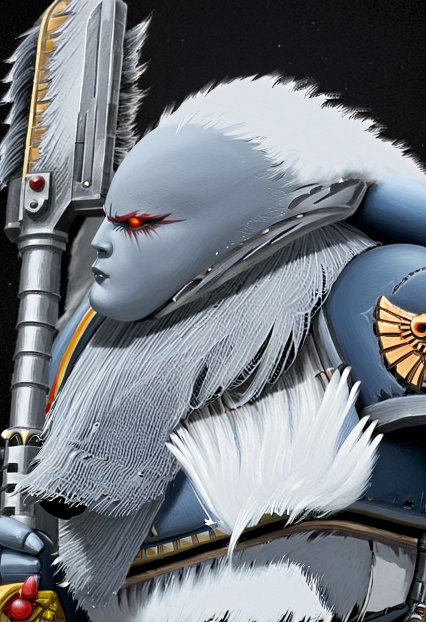 Absurdres, score_9_up, Source: Warhammer40K, Spacewolves Astartes chapter space marines wielding chainswords, gray power armor with fur trim and astartes helmets, wolf motifs, (masterpiece), best quality, expressive eyes, perfect face, 1, space marine, Painstaking Attention To Details, 1990s \(style\), Vintage, Vintage comic book cover of White Dwarf Tabletop Adventures, project unreal engine, volumetric lighting, perfect anatomy, perfect hands, detailed_eye_model, black background, graffiti, blgstyle, ImperialF40k, <lora:PeopleCountSliderLoRAv1:2.0>, <lora:756af36b-d5fa-496f-b9a1-088c62f0c527:0.7>, <lora:6f3a2b85-aa03-4ab1-9f9a-e816ad4b1121:0.7>, <lora:cf26021c-0e88-4b06-9329-8702e6590716:0.7>, <lora:_raging_flames:0.7>, <lora:warhammerAdeptus_v1:0.7>, <lora:e6084b5e-a05d-475d-8afe-925ae03a434b:2.0>, <lora:b8dcc527-1d03-4fe2-ab9e-341ce407290f:0.7>, , , ,