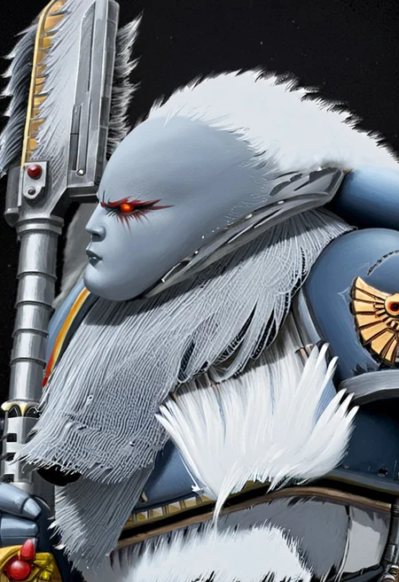 Absurdres, score_9_up, Source: Warhammer40K, Spacewolves Astartes chapter space marines wielding chainswords, gray power armor with fur trim and astartes helmets, wolf motifs, (masterpiece), best quality, expressive eyes, perfect face, 1, space marine, Painstaking Attention To Details, 1990s \(style\), Vintage, Vintage comic book cover of White Dwarf Tabletop Adventures, project unreal engine, volumetric lighting, perfect anatomy, perfect hands, detailed_eye_model, black background, graffiti, blgstyle, ImperialF40k, <lora:PeopleCountSliderLoRAv1:2.0>, <lora:756af36b-d5fa-496f-b9a1-088c62f0c527:0.7>, <lora:6f3a2b85-aa03-4ab1-9f9a-e816ad4b1121:0.7>, <lora:cf26021c-0e88-4b06-9329-8702e6590716:0.7>, <lora:_raging_flames:0.7>, <lora:warhammerAdeptus_v1:0.7>, <lora:e6084b5e-a05d-475d-8afe-925ae03a434b:2.0>, <lora:b8dcc527-1d03-4fe2-ab9e-341ce407290f:0.7>, , , ,