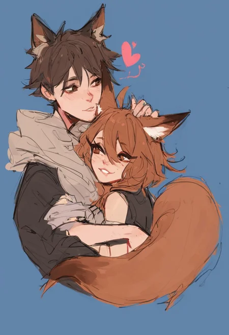 score_9, score_8_up, score_7_up, dijor, sketched, animal ears, animal tails, duo, boy and girl cuddling, hearts floating around, girl shorter than boy, fox ears, black short haired boy, dark-brown medium haired girl, brown eyes, parted lips, cute, happy, full body, thick hips, medium breasts, faces focus, blue background,