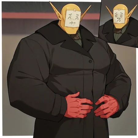 masterpiece, best quality, newest, absurdres, highres, Diz_D00dz, white borders around characters, soft light, BREAK bara, muscular, 1man, male focus, male, male focus, 1man, Drattula, yellow skin, bald, strong jaw, red hands, a paper taped to face, japanese emoticons, long ears, {{beefy}}, {{muscular}}, {{large}}, close up to face, black coat, hands on the waist