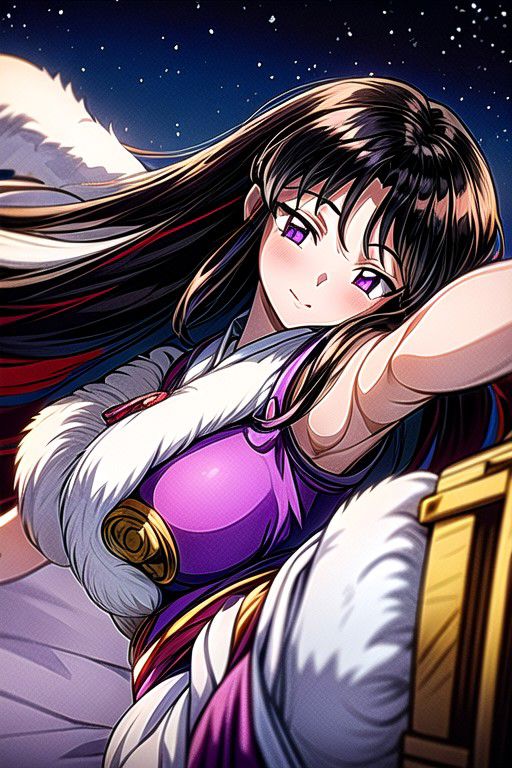 masterpiece,  best quality 1girl Setsun4 solo long hair,  (night time) forest background black hair very long hair purple eyes multicolored hair armor (fur trim) (medium body),<lora:EMS-179-EMS:0.800000>,<lora:EMS-293862-EMS:0.800000> bow, hair_bow, hair_tubes, red_bow, brown_hair, long_hair, bangs, ascot, frilled_bow, yellow_ascot, blush, smile, hair_between_eyes, athletic, armor, miko, ,(((intricate outfit,intricate clothes,embroidered outfit,ornate outfit,embroidered clothes,ornate clothes))), laying down, lying down