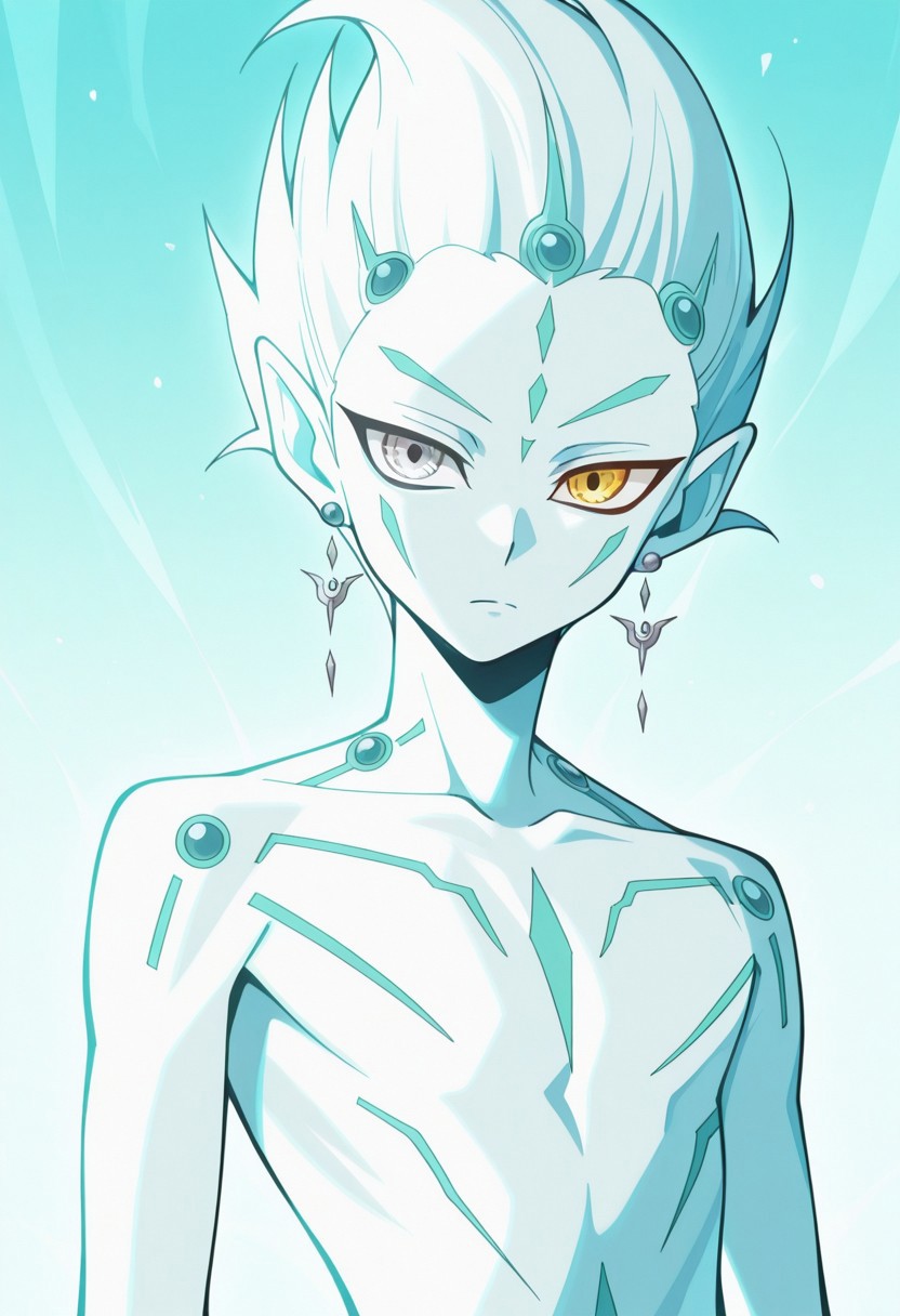 masterpiece,best quality,amazing quality, source_anime, 
astralzx, 1boy, male focus, solo, blue skin, spiked hair, pointy ears, earrings, heterocromia, grey eyes, yellow eyes, upper body, aqua theme,