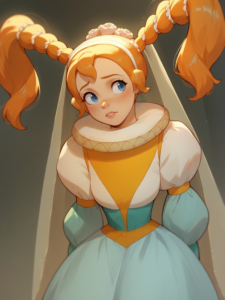 score_9, score_8_up, score_7_up, score_6_up, score_5_up,   <lora:ThumbelinaXLP:1> thumbelina, 1girl, solo, blue eyes, orange hair, white weddress, puffy sleeves, braid, dress, twintails, veil,