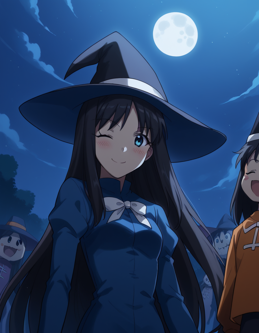 score_9, score_8_up, score_7_up, source_anime, <lora:carnivalphantasm-akiha-toono-ova-ponyxl-lora-nochekaiser:1>, akiha toono, tohno akiha, long hair, blue eyes, black hair, hairband, white hairband, medium breasts,, <lora:witch-ponyxl-lora-nochekaiser:1>, witch, hat, witch hat, dress, halloween, halloween costume, jewelry,, night, moon, blush, smile, one eye closed,, , dutch angle, cowboy shot
