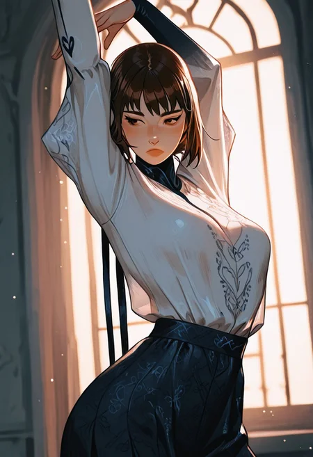 1girl, solo, brown hair, window, chiffon shirt, stretching, BREAK styling pose, fashion pose, sexy posing, dynamic angle, bloom, soft lighting,, BREAK styling pose, fashion pose, sexy pose, dynamic angle, bloom, soft lighting,  BREAK perfect details, masterpiece, best quality, ultra-detailed, best illustration, high resolution, extremely detailed CG, unity 8k wallpaper, textile shading, super detailed skin, perfect anatomy, detailed, cinematic lighting, dynamic lighting, light particles, beautiful detailed eyes, absurdres, very aesthetic, detailed background, depth of field
 <lora:OmniReal:0.86> <lora:Laaura_style:0.35> <lora:GTHAN-IL:0.7> <lora:fashiongirl-v1-ILXL:0.9> <lora:Sebi_style:0.79> <lora:PRSNL-4:0.65> <lora:Valentaine-Illustrious-000016:0.8>