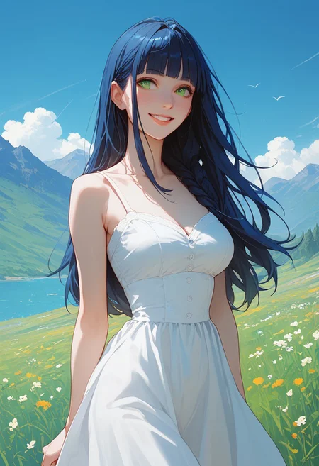 score_9, score_8_up, score_7_up, score_6_up, score_5_up, score_4_up, 1girl, (score_9, score_8_up:1.1),((( long straight hair,1,5))), (dark blue hair:1.5), blunt bangs, (green eyes), voluptuous, pale skin, white pale ,shy smile ,HD32k, , outdoors, (white) sundress, windy, looking away, little smile, pensive, mountains background, aesthetic, cowboy shot, Dutch angle