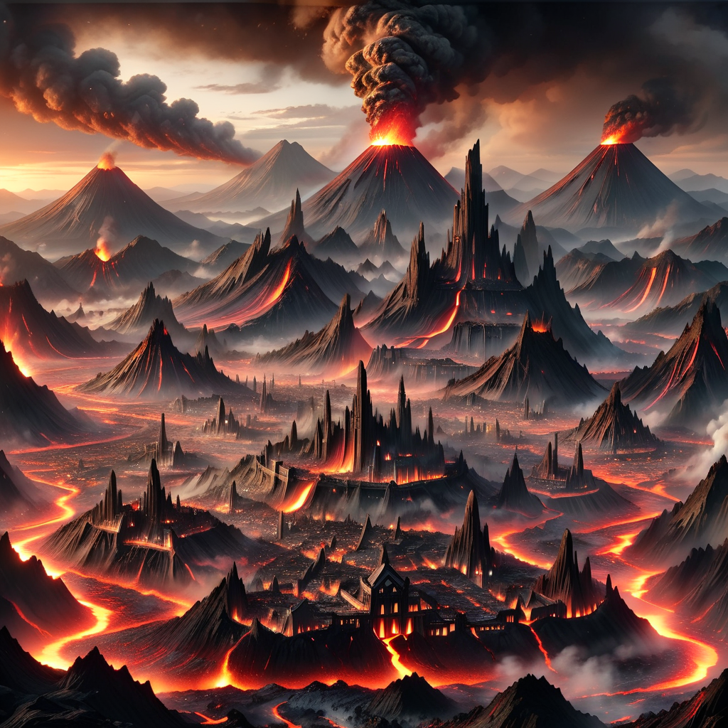 Masterpiece,8k,absurd resolution,I
ImaginaryCityScapes,vulcanic city,outdoors,sky,cloud,no humans,cloudy sky,building,scenery,smoke,dawn,mountains,cityscape,landscape,mountainous horizon,molten rocks,lava
,<lora:City_scapes_XL:0.6>