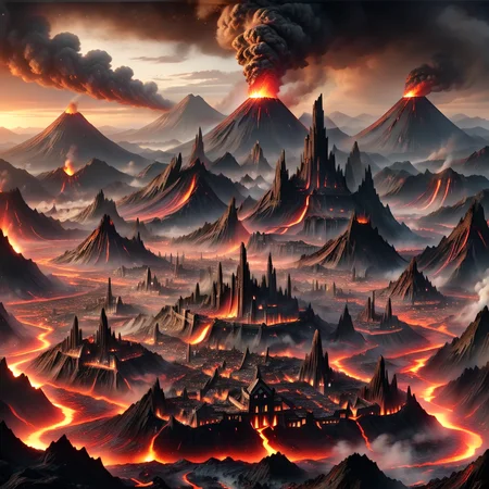 Masterpiece,8k,absurd resolution,I
ImaginaryCityScapes,vulcanic city,outdoors,sky,cloud,no humans,cloudy sky,building,scenery,smoke,dawn,mountains,cityscape,landscape,mountainous horizon,molten rocks,lava
,<lora:City_scapes_XL:0.6>