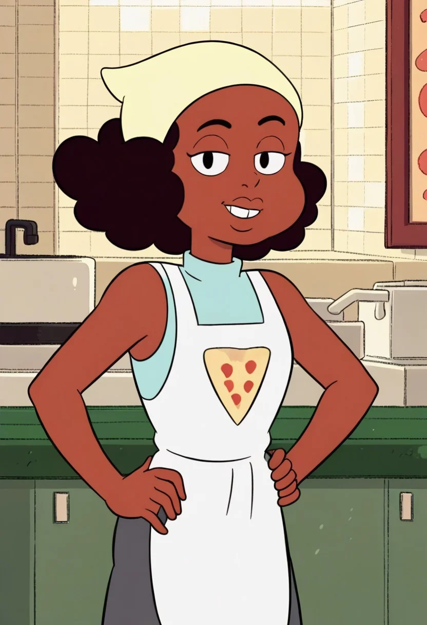 score_9, 1girl, Solo, Kiki_SU, brown skin, black eyes, dark brown hair, curly hair, beige scarf on head, black eyebrown, light cyan shirt, dark gray leggings, white apron, black shoes, looking at viewer, smile, half-closed eyes, indoors, hands on hips, retro artstyle, medium stature