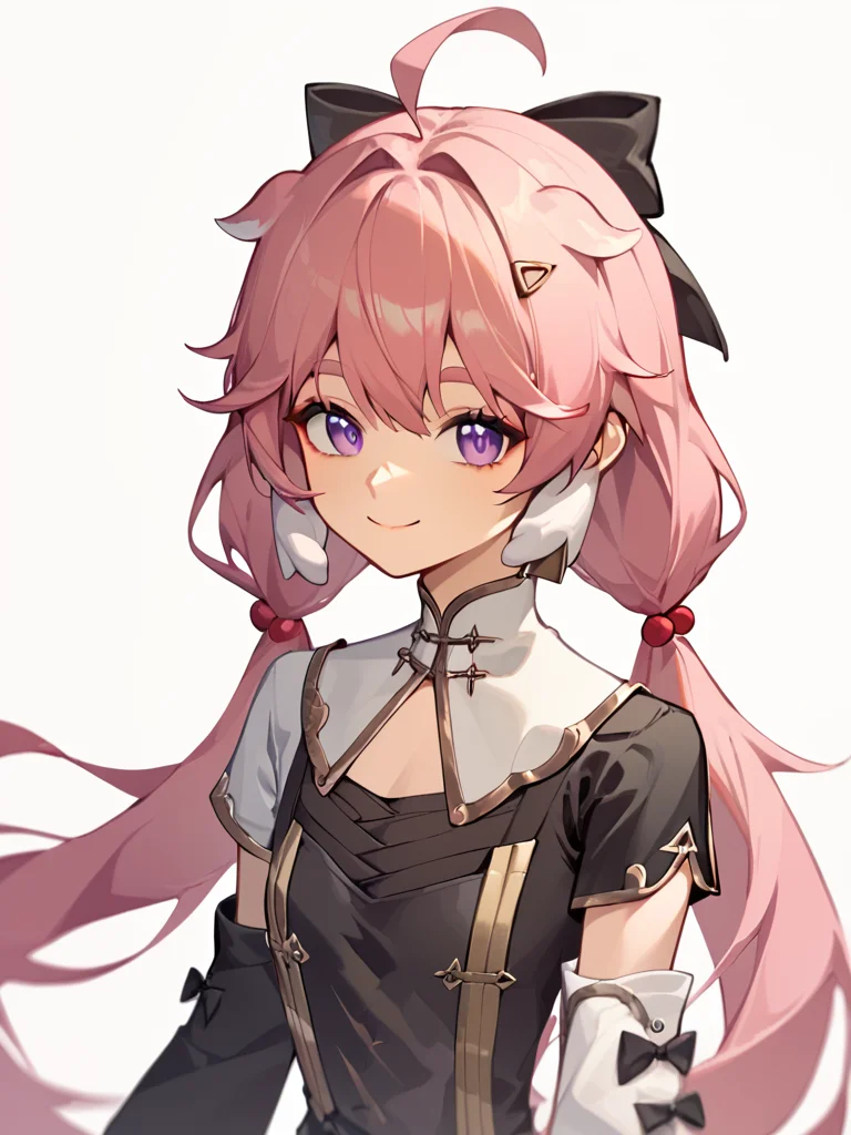 score_9,score_8_up,score_7_up, <lora:wuthering_waves_all:1>ï¼1girl, solo, simple background, white background, upper body, smile, closed mouth, purple eyes, long hair, pink hair, ahoge, hair bobbles, hair bow, flat chest, white shirt, black sleeves, detached sleeves, short sleeves, white sleeves, highres, gold trim, chinese commentary, commentary request, encore (wuthering waves)