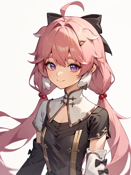 score_9,score_8_up,score_7_up, <lora:wuthering_waves_all:1>ï¼1girl, solo, simple background, white background, upper body, smile, closed mouth, purple eyes, long hair, pink hair, ahoge, hair bobbles, hair bow, flat chest, white shirt, black sleeves, detached sleeves, short sleeves, white sleeves, highres, gold trim, chinese commentary, commentary request, encore (wuthering waves)