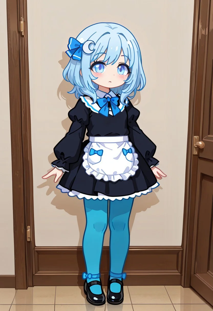 masterpiece,best quality,amazing quality,HarEuki, HarEukiGacha, girl, blue hair, blue eyes, medium hair, crescent hair ornament, blue bow, whte blue pantyhose, whte tights with hearts, black shoes