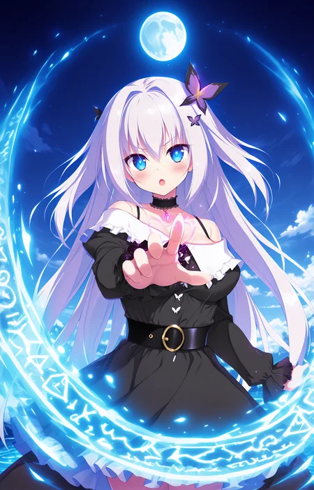 masterpiece, best quality, high quality, detailed, absurdres,newest, scenery, 1girl, solo, official style,best perspective,depth of field, very_aesthetic, best_quality ,high_resolusion, (8K:1.5),,crisp quality, ultra detailed,perfect anatomy,perfect lighting,anime screencap, perfect eyes,detailed eyes,<lora:Ran_Flip_Flop_V2_Illustrious:1>,1girl,Ran,Blue eyes,Long hair,white hair, Very long hair,hair between eyes,bangs,hair intakes,two side up,medium breasts,Casual Ran,dress,hair ornament,long sleeves,butterfly hair ornament,choker,collarbone,belt,off-shoulder dress,black dress,bare shoulders,frills,off shoulder,two side up,black choker,frilled dress,
1girl,blush, :o, necktie, upper body, outstretched arm,, v-shaped eyebrows, ice, serafuku, blue theme, reaching towards viewer, floating hair, glowing, wind, crystal, standing, reaching, outstretched arm, ripples, scenery, smile, serious, one hand up,pov,outstretched hand,magic,fantasy, <lora:WeaponSpellBindIL:1>
light rays,light particles,bloom, ,cloud,moon,glowing,dark blue theme,night,glowing eyes,floating,magic circle,casting a spell,spell bind,smoke,2DVFX, chanting spell, spiral, magic spiral around arm,cowboy shot,purple magic spiral,