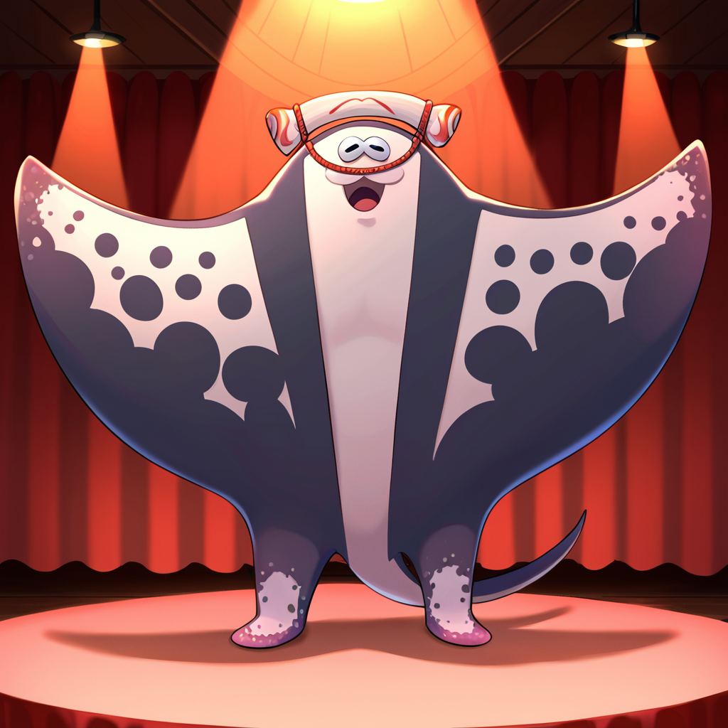 score_9, score_8_up, score_7_up, score_6_up, score_5_up, score_4_up, big man, splatoon, manta ray, dark grey and light grey body, fins, headwear, cute face, :3, dancing, performing, stage scenery, theatre background, singing, <lora:Big_Man_Splatoon_PonyXL:1> big man, no abs, no pectorals, no hands