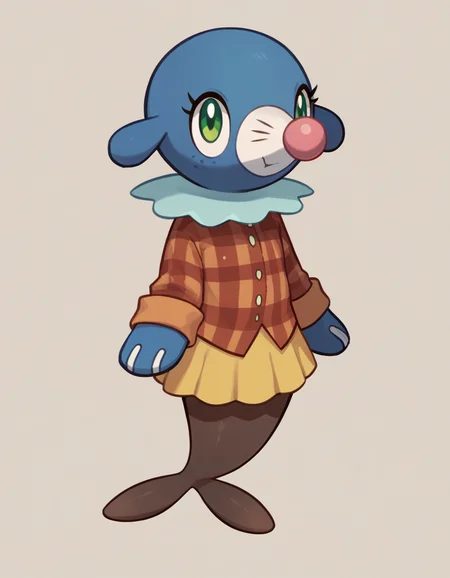score_9, score_8_up, score_7_up, score_6_up, score_5_up, score_4_up, 1girl, full body, solo,
(violet plaid flannel shirt), (brown pantyhose), (yellow skirt), <lora:Popplio v1:0.8> popplio, blue fur, white snout, pink nose, droopy ears, whisker markings, blue collar, frilled collar, pokemon \(creature\), (seal \(animal\):1.2), green eyes, eyelashes, pinniped, flippers, freckles