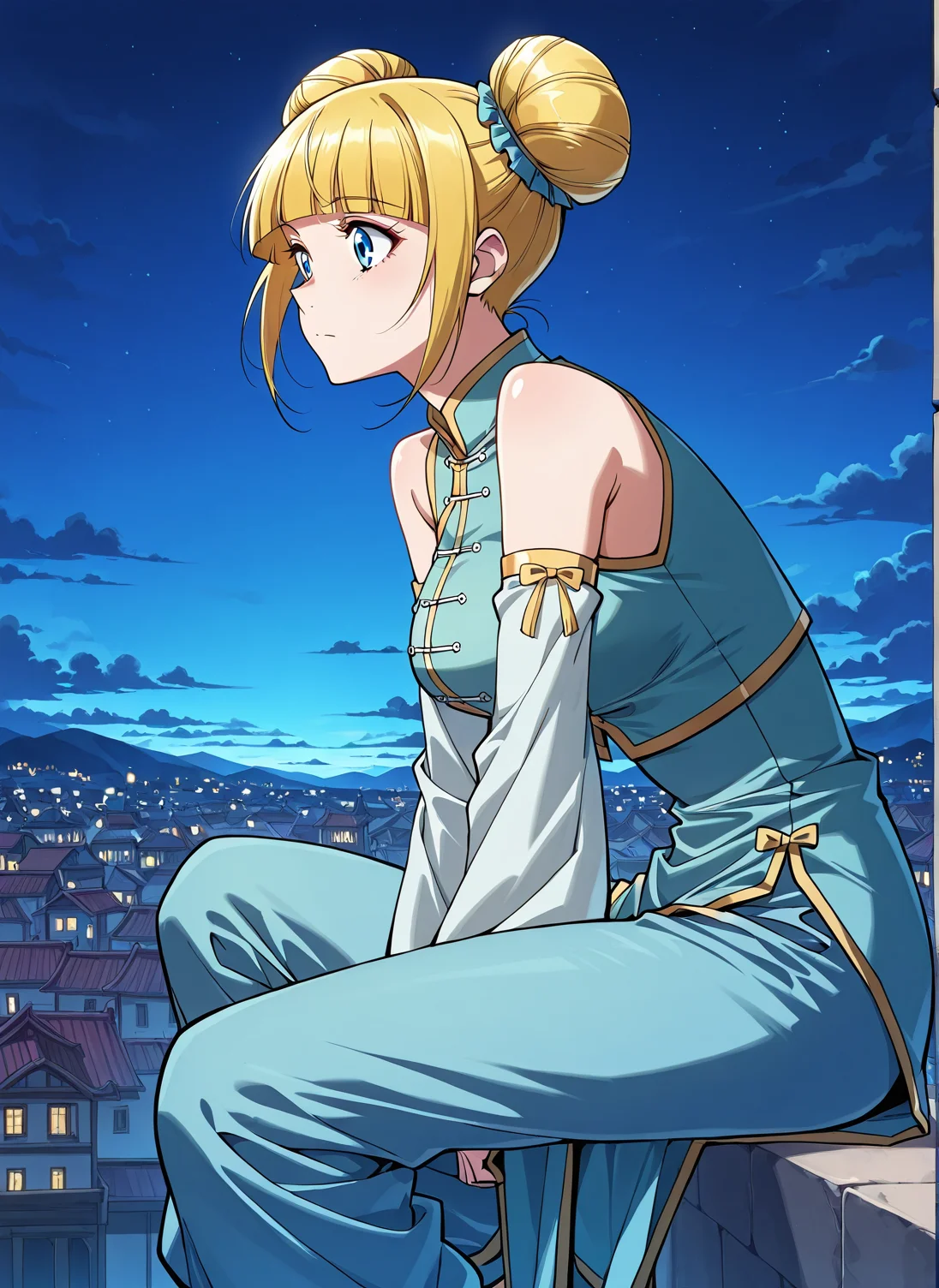 <lora:Meng_Wu:1>
1 girl, solo, blue eyes, blonde hair
chinese clothes, blint bangs, bare shoulders, detached sleeves, hair bun, double bun, blunt bangs, blue pants, baggy pants
score_9, score_8_up, score_7_up, score_6_up, source_anime, masterpiece, best quality, absurdres, highres, newest, anime coloring <break>  1girl, solo, sitting, on wall, from side, town, night sky, cloud