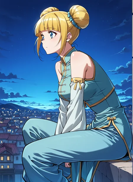 <lora:Meng_Wu:1>
1 girl, solo, blue eyes, blonde hair
chinese clothes, blint bangs, bare shoulders, detached sleeves, hair bun, double bun, blunt bangs, blue pants, baggy pants
score_9, score_8_up, score_7_up, score_6_up, source_anime, masterpiece, best quality, absurdres, highres, newest, anime coloring <break>  1girl, solo, sitting, on wall, from side, town, night sky, cloud