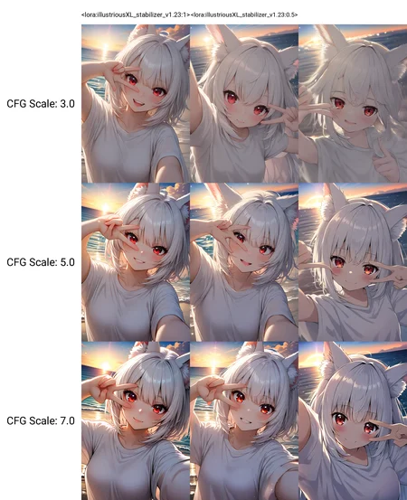<lora:illustriousXL_stabilizer_v1.23:1>1girl,fox ears,white hair,red eyes,upper body,white shirt,selfie,v over eye,sunrise,ocean,light particles,masterpiece,best quality,