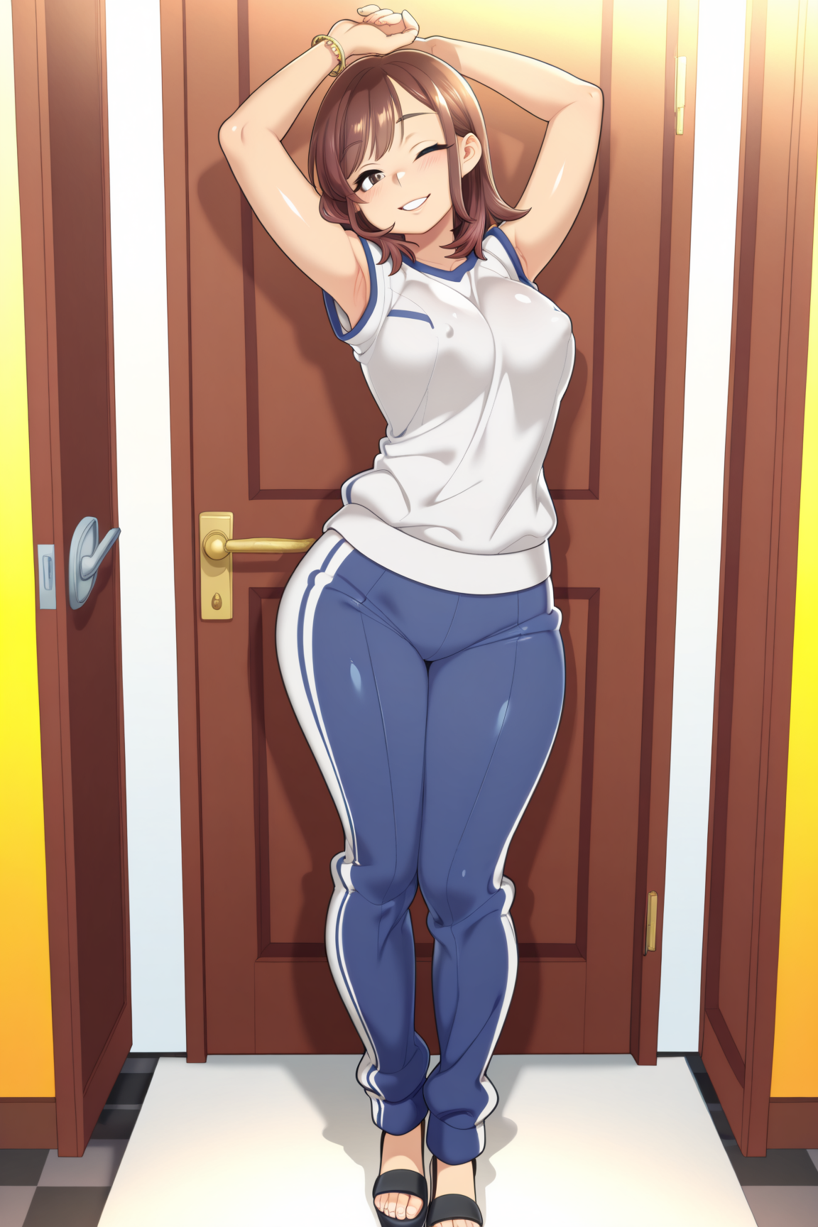 joshi_kokuhaku, medium_hair, brown_hair, brown_eyes, blush, medium_breasts, white_shirt, track_suit