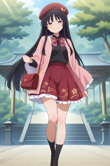 absurdres, highres, masterpiece, best quality, amazing quality, official anime artwork, screencap, anime screencap, outdoors, looking at viewer, light smile, dynamic pose,
<lora:Kaguya-Houraisan_Illustrious:1> houraisan kaguya, 1girl, solo, brown eyes, black hair, long hair,, black shirt, pink jacket, open clothes, long sleeves, wide sleeves, plaid bowtie, red skirt, plaid skirt, short skirt, handbag, beret, red headwear, hat ornament, black socks,