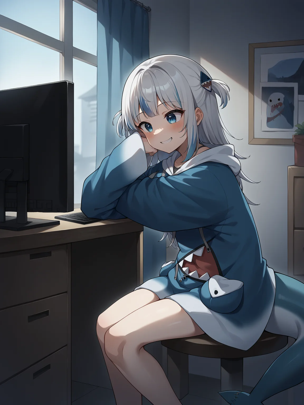 score_9, score_8_up, score_7_up, score_6_up, score_5_up, score_4_up, BREAK, source_cartoon, source_anime,
1girl, <lora:guraXL:0.8> gawr gura, blue hoodie, two side up, shark hair ornament, shark tail
BREAK
home room, indoors, It's dark in the room, dark, computers, monitor in front of face, neon outside the window
BREAK
dark theme, low light,<lora:Smooth Anime Night Style SDXL_LoRA_Pony Diffusion V6 XL:1>
smile
