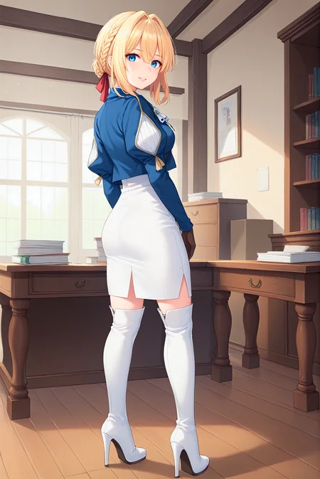 score_9, score_8_up, score_7_up, score_6_up, anime source, anime style,
<lora:P-VioletEvergarden:1> v10l3t, 1girl, solo, blonde hair, blue eyes, braid, hair ribbon, red ribbon, bangs, hair between eyes, hair intakes,
blue jacket, brooch, long sleeves, jewelry, white ascot, puffy sleeves, white dress, pencil dress, brown gloves,
<lora:cl-thighboots:0.2>, leather boots, platform boots, thigh boots, high heels, (zipper:0.9), white boots,
medium breasts, from behind, ass, light smile, parted lips, eyelashes, looking at viewer, standing, full body, posing like a model,
office, medieval house, old house, post office, desks,