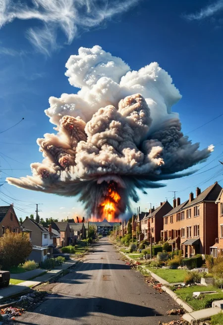 atomic bomb explosion, bustling suburb (seamless blending of photography and digitial illustration: 1.39) (coherency: 1.59) (Highest quality: 1.39) (colorful: 0.79) (photograph components: 1.19) (mixed media: 1.19) (blue skies)