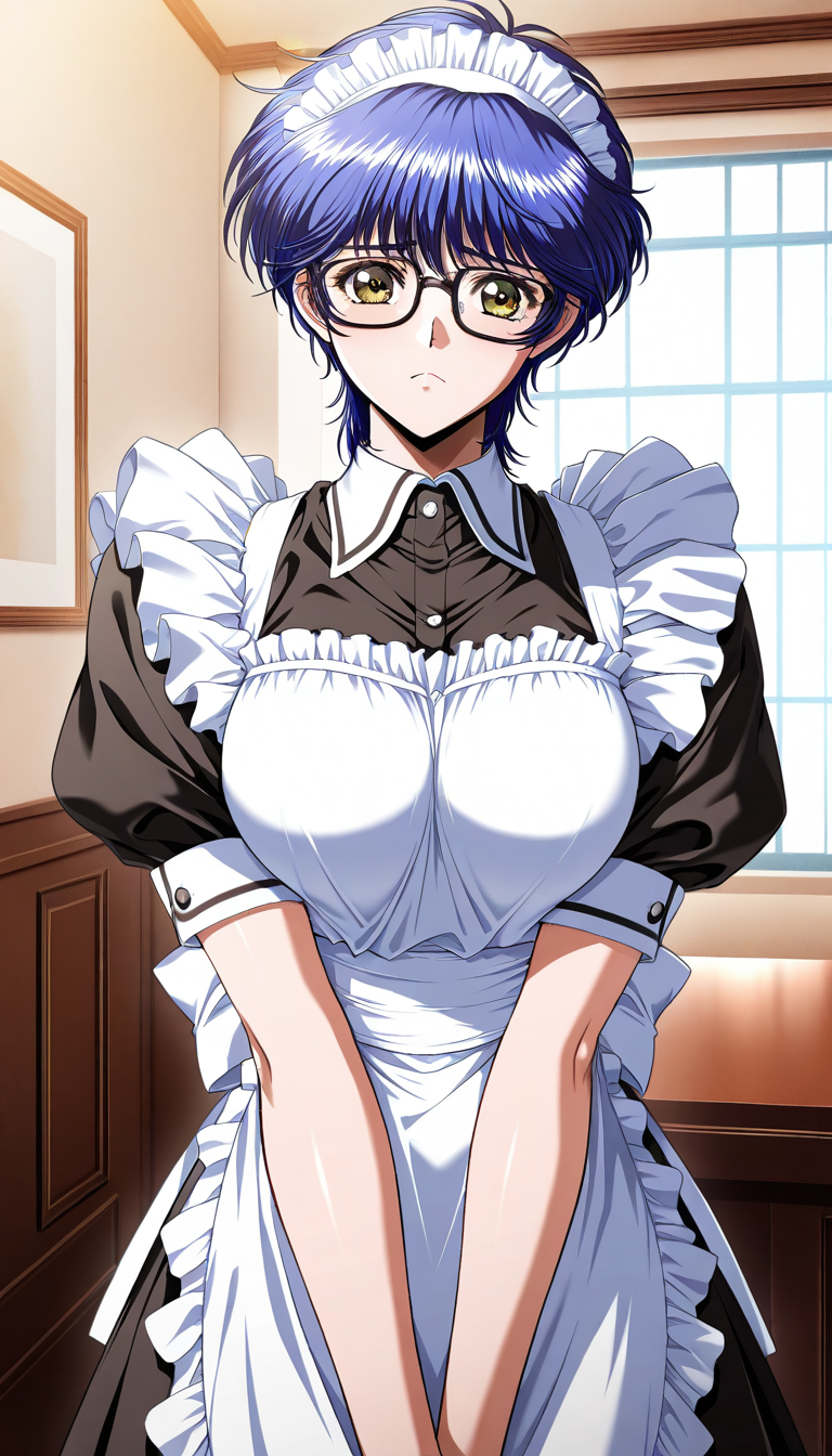 masterpiece, best quality, good quality, <lora:Kurata_arisu_IS:1>Kurata_arisu, blue hair, no glasses, short hair, large breasts,brown eyes, yokota mamoru style,
1girl, solo, maid, maid headdress, apron, short sleeves, looking at viewer, black-framed eyewear, maid apron, v arms, frown, enmaided, puffy sleeves, dress,
Western-style building in the room.