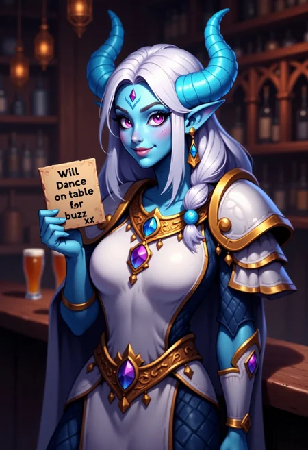 3d render, video game, CharacterDesignFLUX,
1girl, draenei girl, Draenei from World of Warcraft, light blue skin, light blue horns, small horns, short horns, white hair, white armor, gold trim, purple eyes, purple pupils, colored pupils, purple sclera, colored sclera, purple gems, rune on forehead,
Standing in a tavern, medieval,
Light smile,
Holding a sign that says "Will dance on table for buzz xxx"
