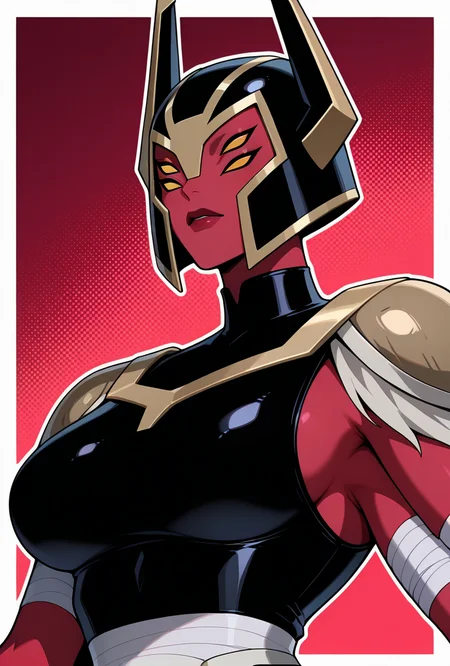 <lora:looma-07:1> looma, helmet, red skin, solo, armor, horns, bandages, yellow sclera, black sleeveless shirt, turtle neck, , shoulder armor, breasts, extra eyes, bandaged arm, extra arms, red background,, ((upper body, halftone effect, white borders, abstract background:1.2,)), masterpiece, best quality, amazing quality, very aesthetic, absurdres, newest,