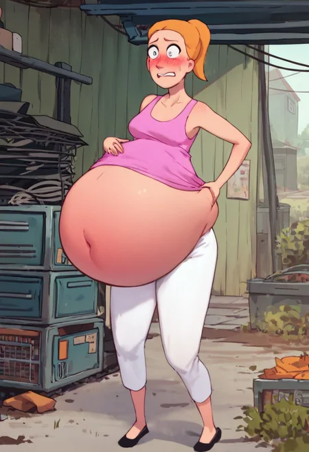 score_9, score_8_up, score_7_up 1girl, solo, summer smith, orange hair, 1girl, ponytail, solo, pink tank top, white pants, black footwear, garage background, standing, rubbing her belly, scared expression, blush, massive belly, round belly, growing belly