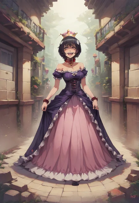 score_9,score_8_up,score_7_up,source_anime,HiQuality zPonyDXL positive,zPDXL2,<lora:pony_good_hands>,good_hands,perfect hands,<lora:backgroundsetXL:0.5>,background,
<lora:ChompettePonyXL:0.8>,chomp3tt3,black hair,super crown,collar,sharp teeth,short hair,dress,<lora:Cyberunique-@CyberuniqueArt-Naruto Bomb_PonyXL:1>,cyberunique \(artist\),@cyberuniqueart,naruto_bomb \(series\),