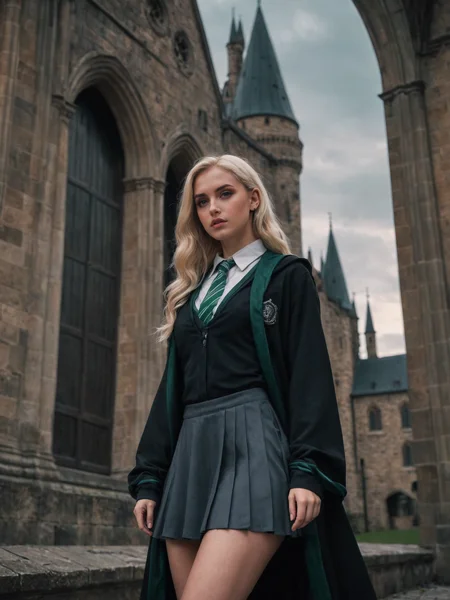 Cinematic shot of a girl wearing a slytherin uniform, sexy cosplay, cleavage, very short skirt, sexy legs, black robe gray skirt, hot blonde girl, hogwarts, low angle, muted colors, dark palette, hazy twilight,  cinematic, epic realism, RAW photo, 8K, highly detailed , (looking away, looking far:1.3)  <lora:harry_potter_v1:1>