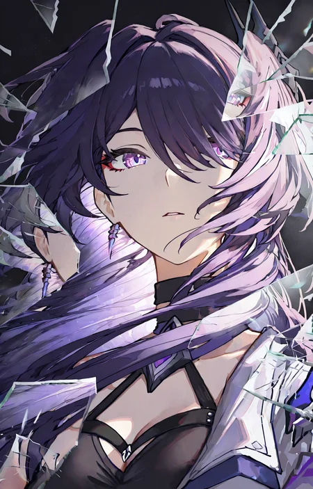 1girl,solo,acheron (honkai: star rail),long hair,(beautiful_detailed_eyes:1.1),black crop top,white flame print cropped jacket,close-up,sideways_glance,looking_at_viewer,available light,(glass shards:1.2),(broken glass:1.2),(reflection:1.5),hyperdetailed,best quality,masterpiece,cool,absurdres,cover,wallpaper,<lora:BrokenGlass_illusXL_Incrs_v1>,faux_traditional_media,(ningen mame:0.5),<lora:rafaelaaa:0.8>,