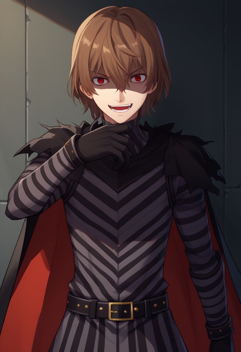 score_9, score_7_up, source_anime 
goro, 1boy, male focus, solo, red eyes, brown hair, hair between eyes, armor, striped, striped armor, black armor, gloves, black gloves, belt, cape, black cape, torn clothes, evil laugh, shaded face,
indoor, shadows, darkness, dark,