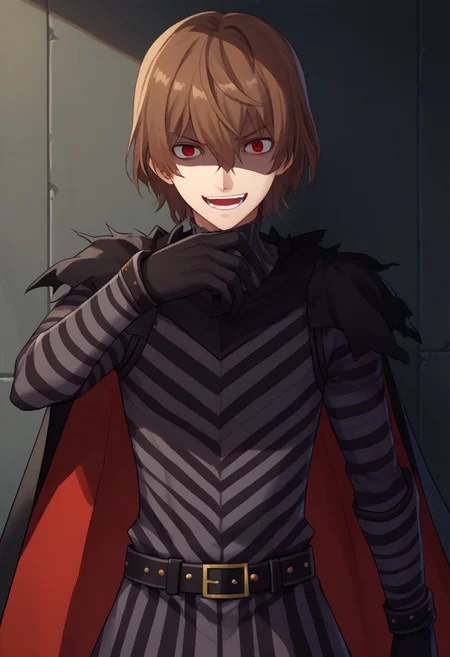 score_9, score_7_up, source_anime
goro, 1boy, male focus, solo, red eyes, brown hair, hair between eyes, armor, striped, striped armor, black armor, gloves, black gloves, belt, cape, black cape, torn clothes, evil laugh, shaded face,
indoor, shadows, darkness, dark,
