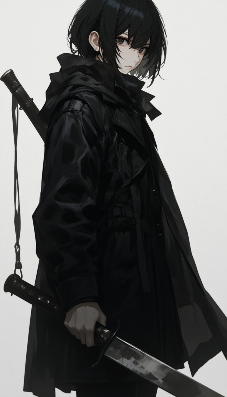 short black hair with black eyes wearing a black coat while wielding a machete in hand, age around 22 years old,