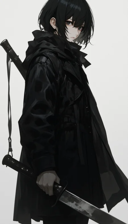 short black hair with black eyes wearing a black coat while wielding a machete in hand, age around 22 years old,