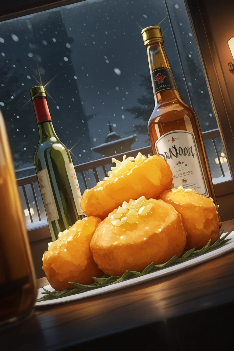 realistic shading, dark, dim lighting, food focus, dafoodie, sparkling food focus, sparkle, alcohol bottle, soju, indoors, window, snowing outdoors, dutch angle, dynamic angle, intricately detailed illustration, depth of field, atmospheric perspective, masterpiece, best quality, amazing quality, very aesthetic, absurdres, newest