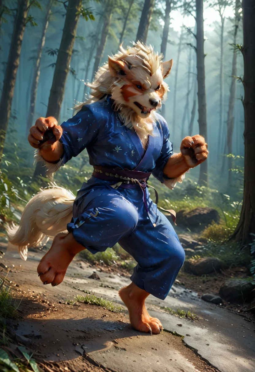 (((Barefoot furry character, full body, cinematic setting, furry male, plantigrade)))
(((Arcanine))), ((blue kimono and pants, training kung-fu on training ground in the forest, fighting stance, dynamic pose, perform side kick)), (((nice feet paws, three toes, claws, pawpad)))
BREAK, intricate details, highly detailed, extreme detail, octane render, fine art, best quality, highres, (detailed face:1.5), ((full_body)), UHD, (((perfect hands))), low light