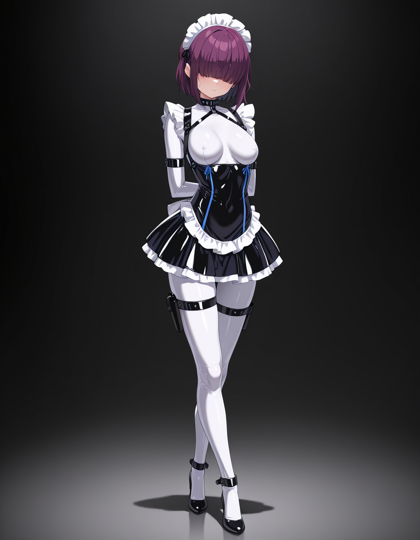 masterpiece,best quality,amazing quality,very aesthetic,high resolution,ultra detailed,perfect details,
<lora:mai_aigis_blue:1>,
mai_maid,1girl,solo,breasts,short_hair,simple_background,gloves,dress,closed_mouth,medium_breasts,standing,full_body,purple_hair,frills,shoes,elbow_gloves,white_gloves,blunt_bangs,black_footwear,black_dress,collar,maid,maid_headdress,thigh_strap,white bodysuit,crossed_legs,black_background,facing_viewer,skin_tight,shiny_clothes,hair_over_eyes,covered_eyes,holster,latex,thigh_holster,watson_cross,
standing,full body,