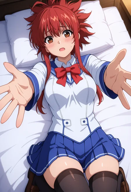 masterpiece, best quality, amazing quality, 1girl, solo,keenaww, brown eyes, red hair, long hair, ponytail, sidelocks, antenna hair, medium breasts, school uniform, blue sailor collar, red bowtie, white school shirt, long sleeves, blue pleated skirt, black thighhighs, zettai ryouiki, loafers, <lora:Soga_Keena_Ichiban_Ushiro_no_Daimaou_ill:0.9>, looking at viewer, lying, on back, reaching out, outstretched arms, looking at viewer, pov, blush, open mouth, sweat, pillow, bed, bed sheet, skindentation, detailed clothing folds, depth of field, sharp, high contrast, dynamic light