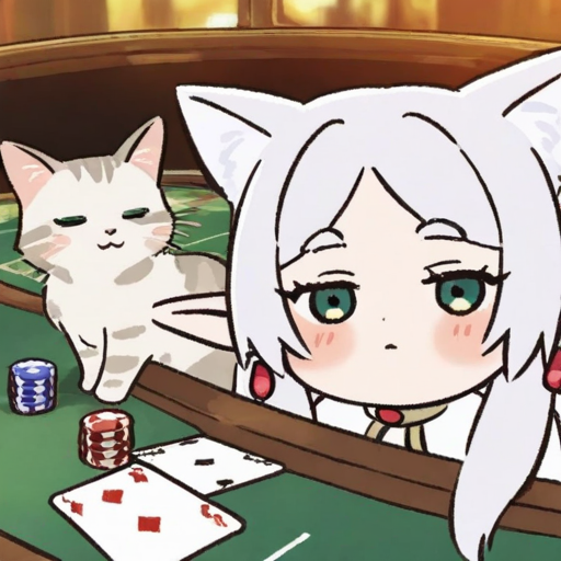 fufu,frieren,1girl,cat,:3,animal ears,pointy ears,tail,(elf),green eyes,cat ears,cat tail,earrings,white hair,chibi,solo,kemonomimi mode,jewelry,animalization,parted bangs,cat girl,long hair,Shuffle the playing cards,casino,casino card table,âªÏâª,<lora:fufu_20R_v3:1>,, solo,only one person